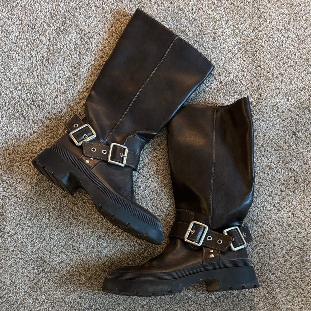 Zara Brown Leather Knee-High Boots with Buckles